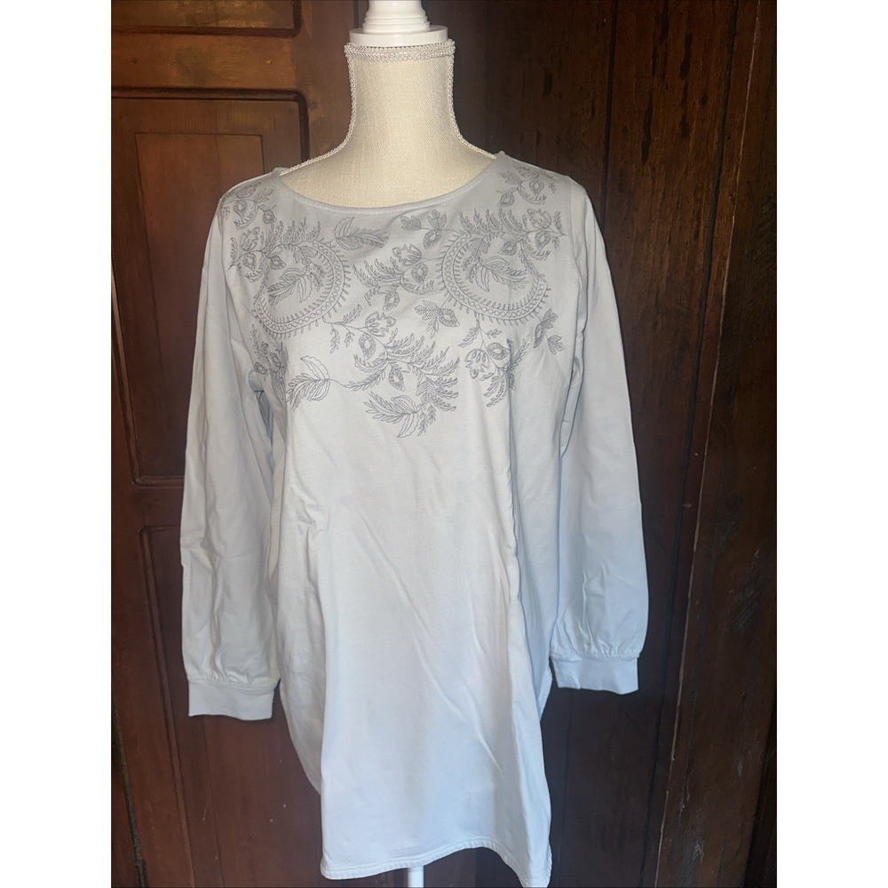 Womens J Jill Pure Jill Embroidered Neck Blue Tunic 100% Cotton Long Sleeve Sz M